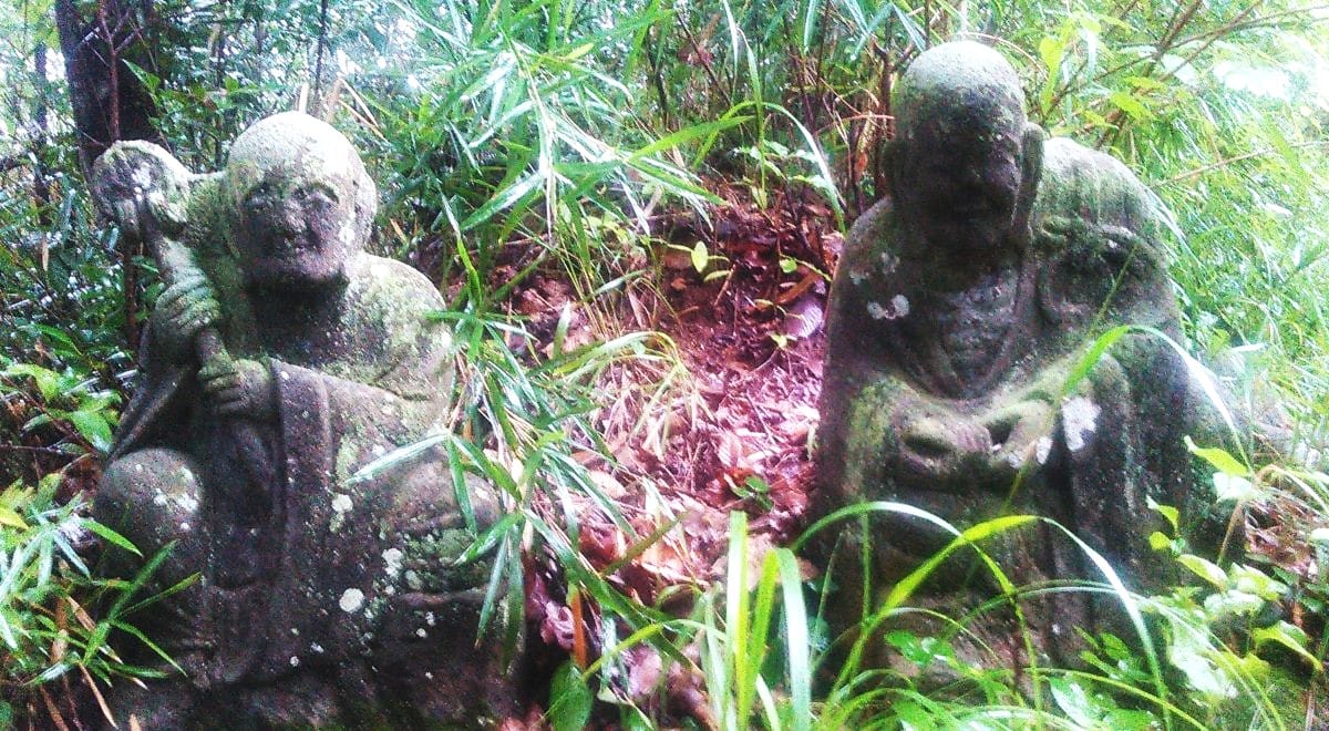 A photograph of two stone Buddha statues sitting on the edge of a green forest